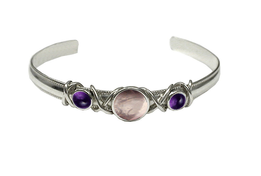 Sterling Silver Hand Made Cuff Bracelet With Rose Quartz And Amethyst